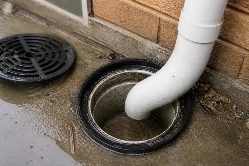Downpipe and drainage connections around a pit